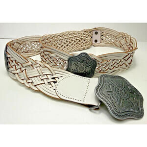 Vtg Silver Jeans Braided Leather Silver Buckles Western Belt White Y2K Sz M